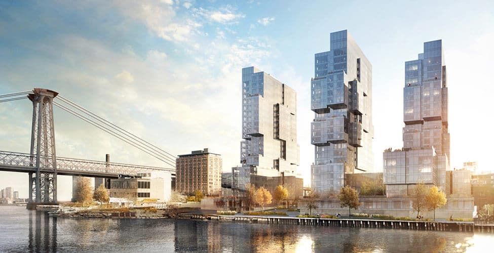 Waterfront view of 420 Kent with Williamsburg Bridge in frame