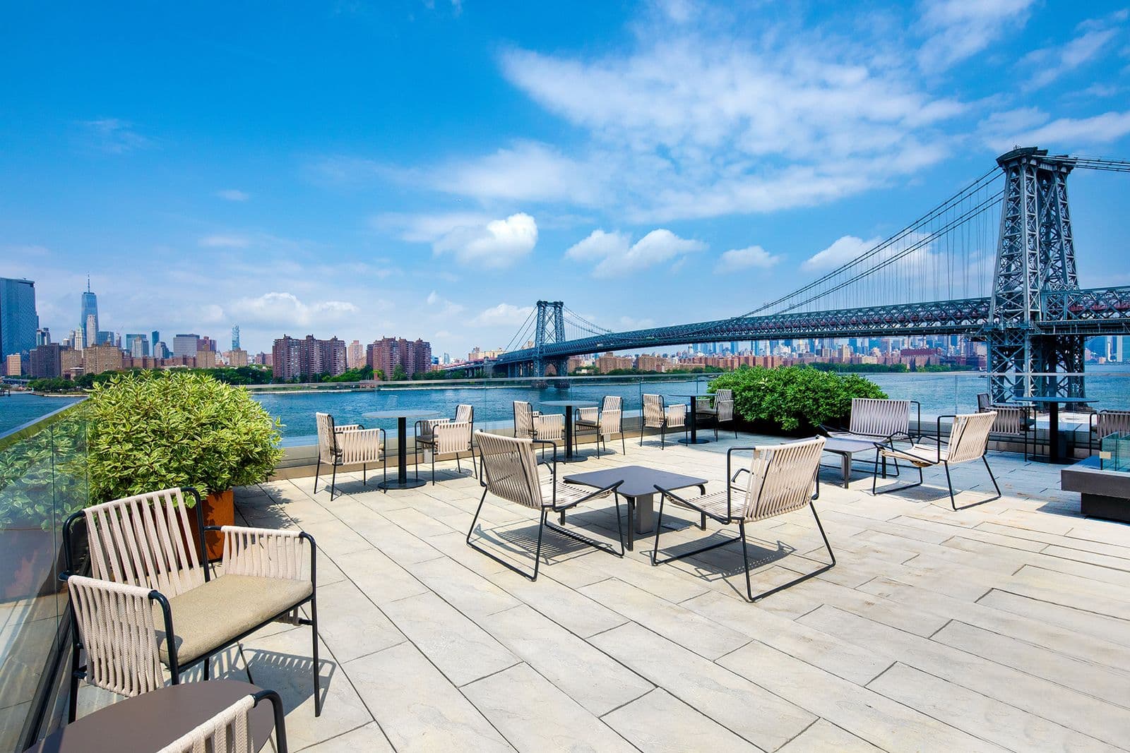 420 Kent Roof Deck with seating, bridge, city and river views