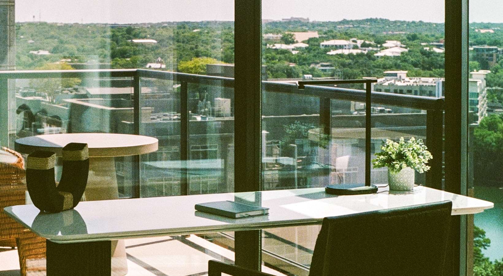 Desk facing beautiful view in Austin apartment