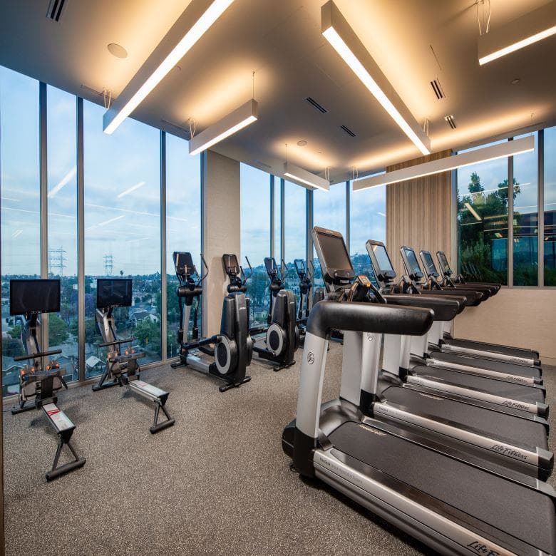 Treadmills and other exercise machines in the fitness center with floor to ceiling windows