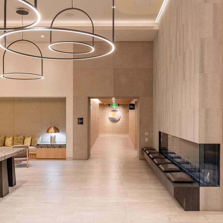 Lobby with fireplace