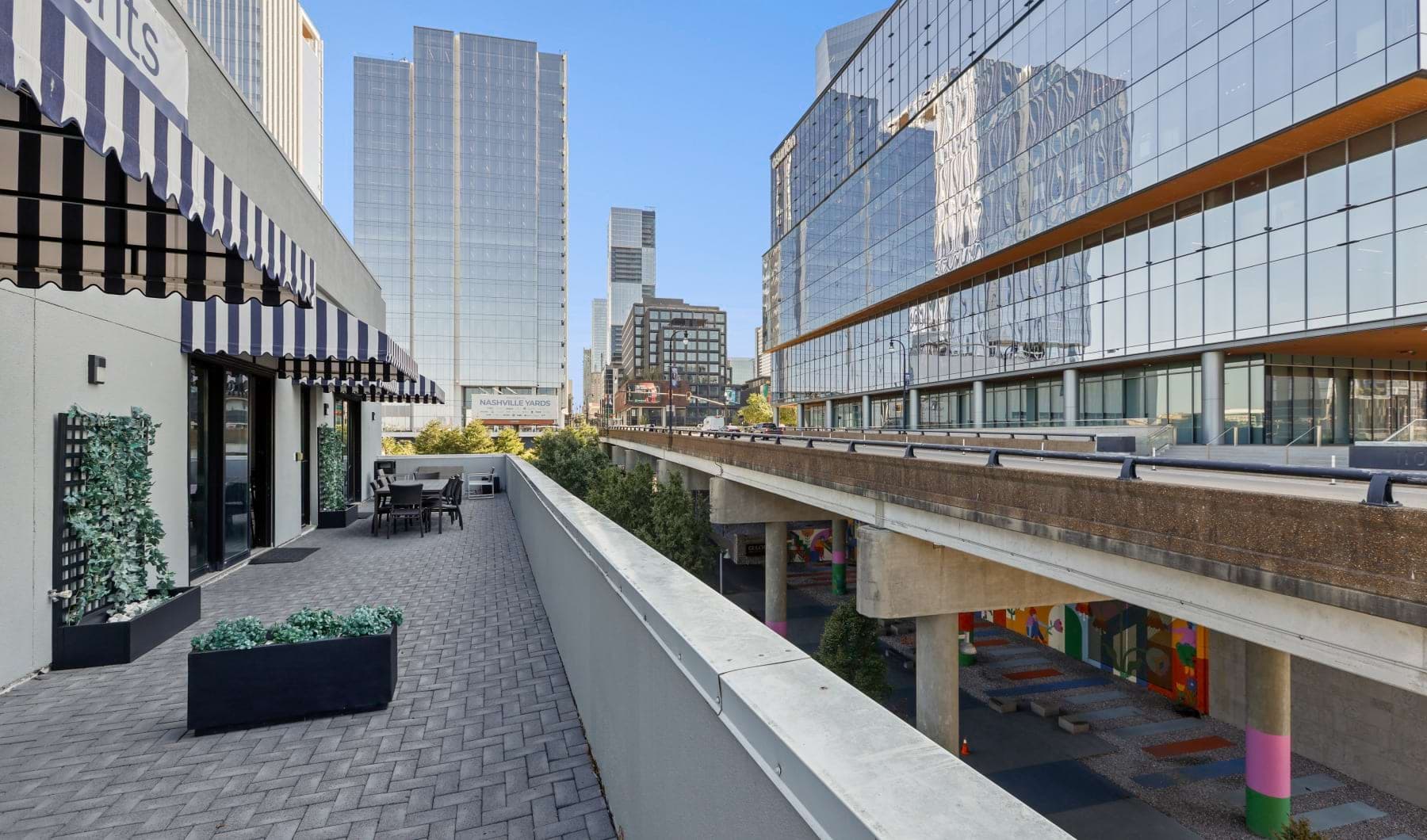 an outdoor sky deck with views of downtown Nashville