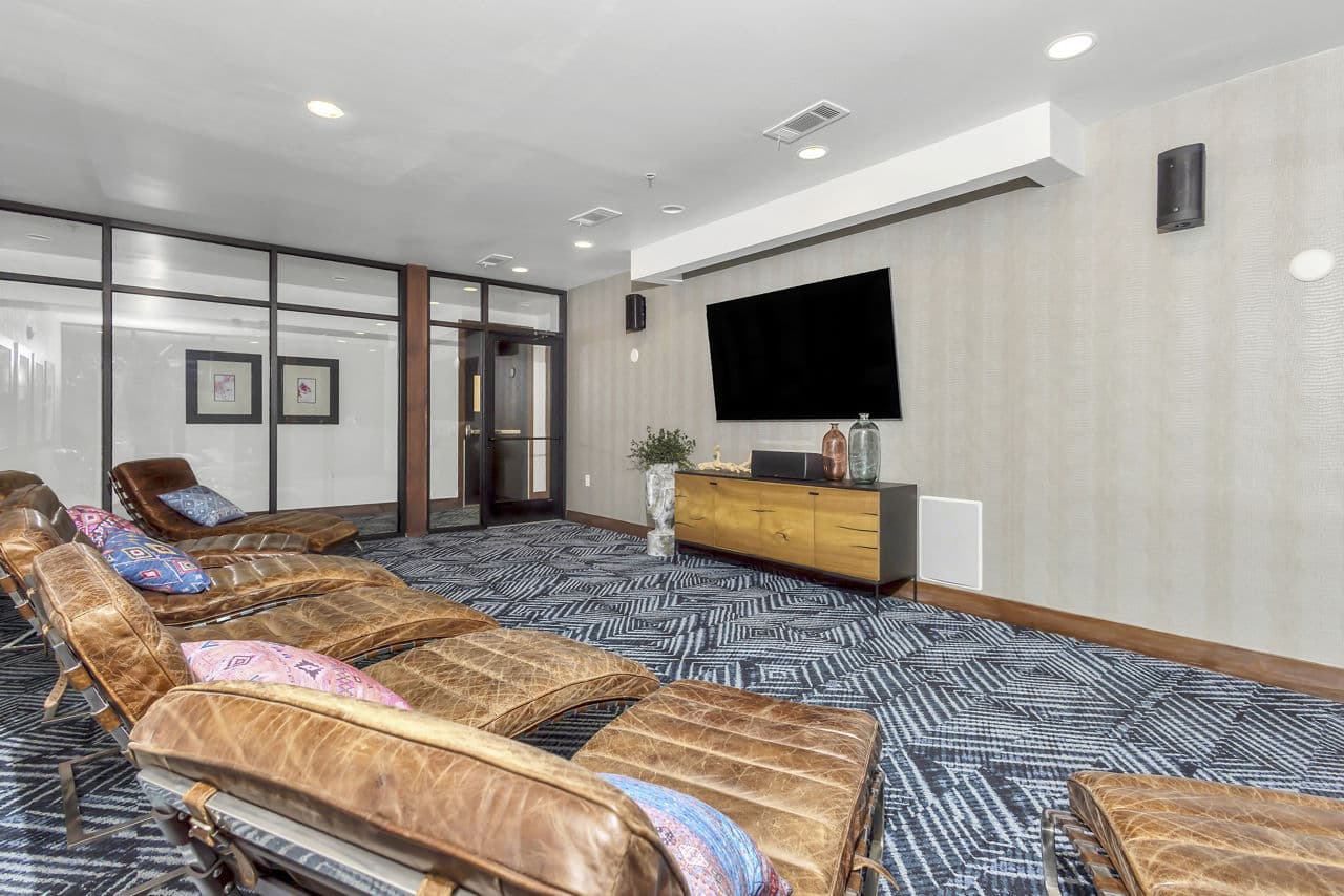Theater with plush seating and large screen