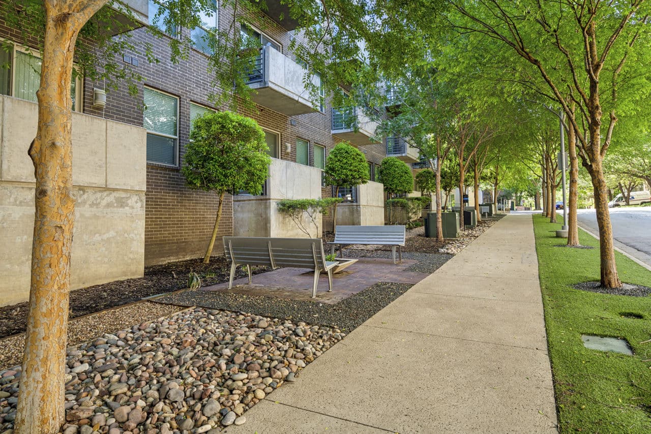 Courtyard view with lush greenery at Gallery at Turtle Creek Apartments