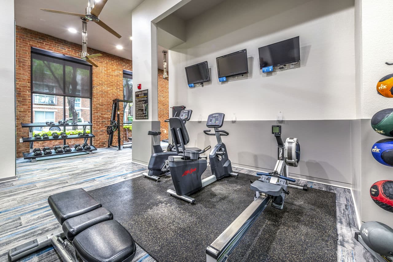 Fitness center at Manchester State Thomas Apartments