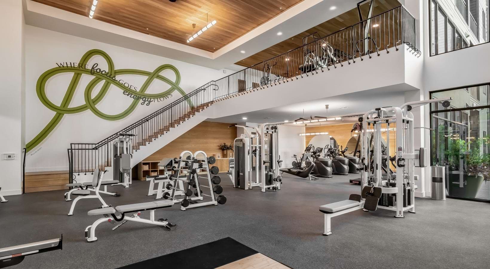 Well-equipped fitness center at Solomon apartments in Mueller, Austin