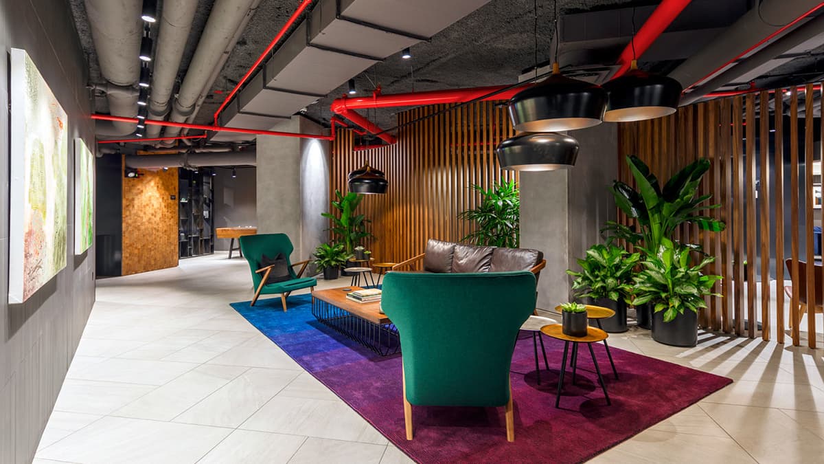Resident seating area with couch and chairs, large houseplants and curved wooden shutters
