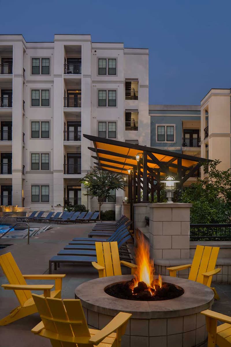 Firepit with seating by the pool