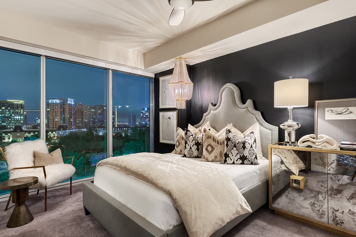 Modern bedrooms with expansive skyline views